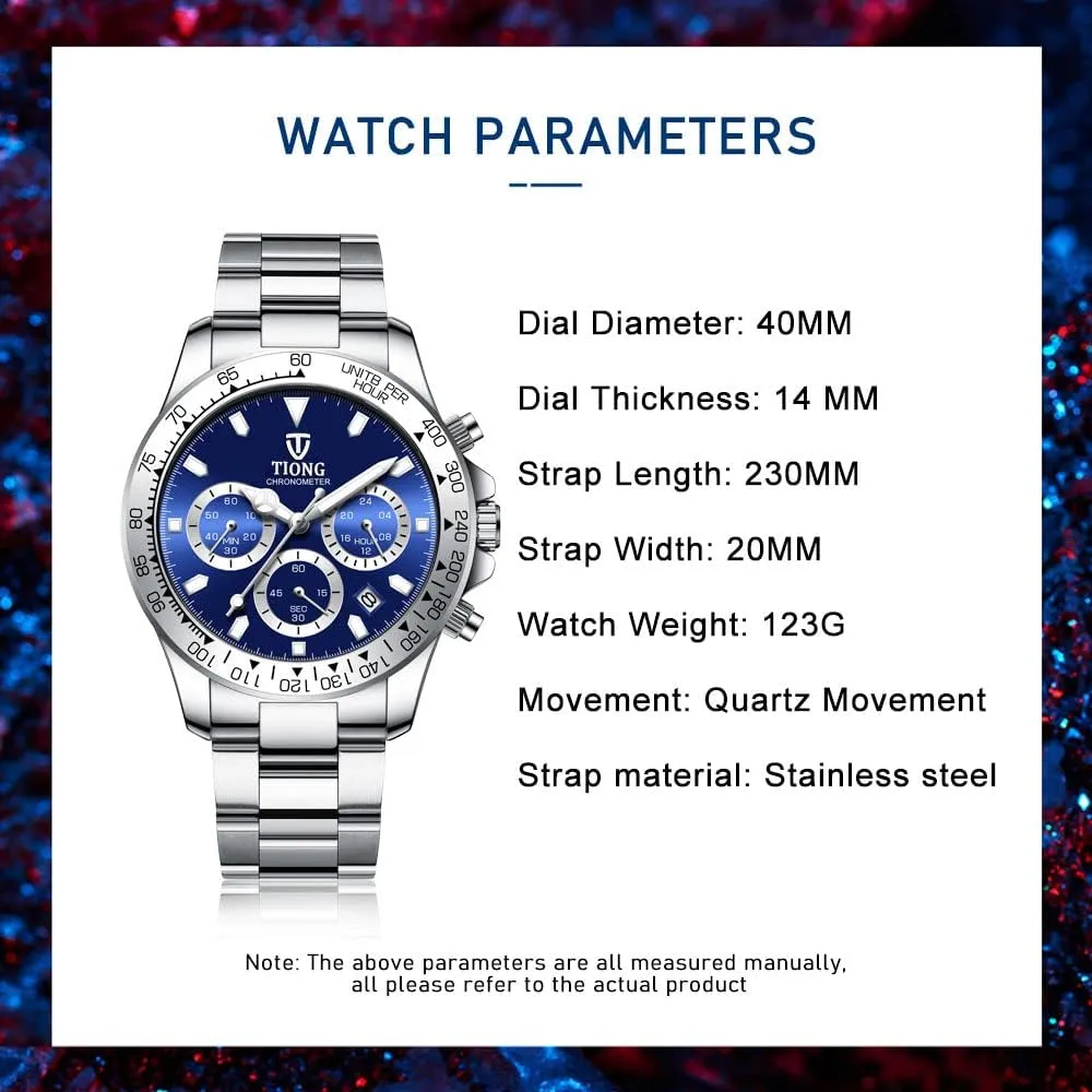 Dentily Men's Quartz Watch Fashion Stainless Steel Chronograph Waterproof Business Watches for Men