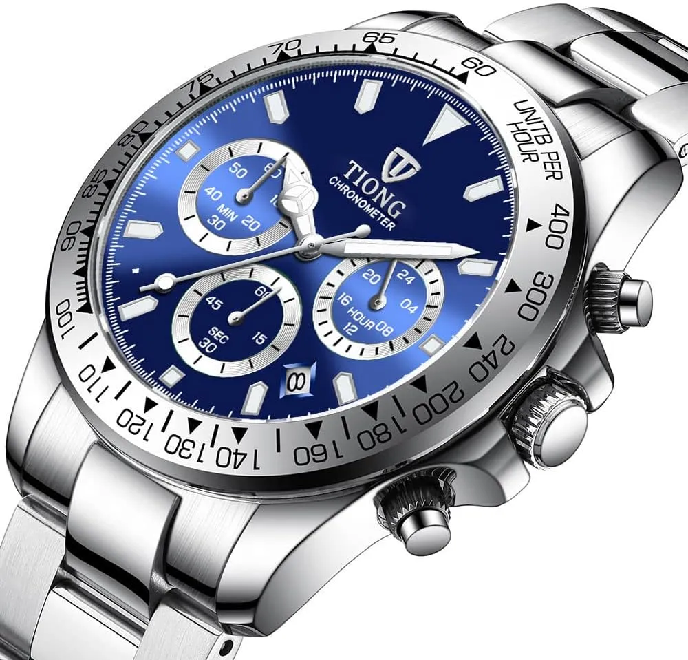 Dentily Men's Quartz Watch Fashion Stainless Steel Chronograph Waterproof Business Watches for Men