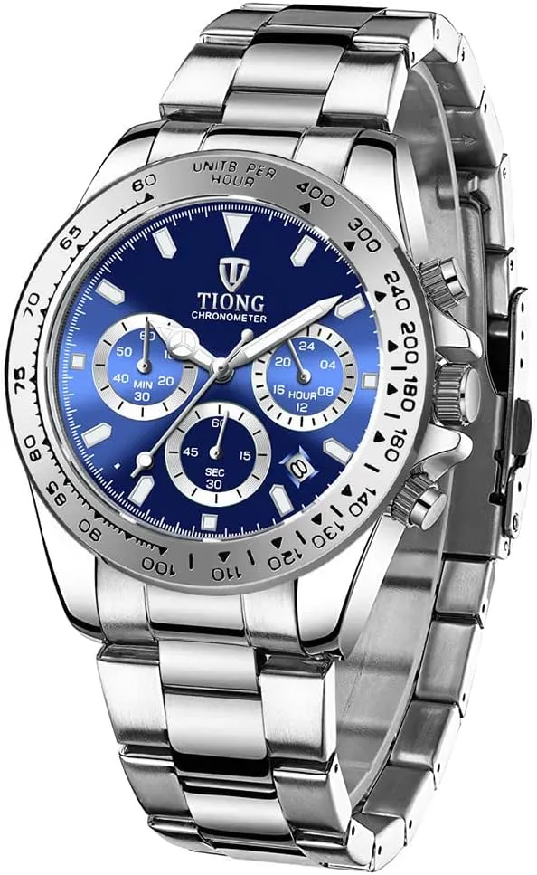 Dentily Men's Quartz Watch Fashion Stainless Steel Chronograph Waterproof Business Watches for Men