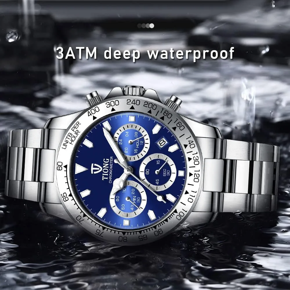Dentily Men's Quartz Watch Fashion Stainless Steel Chronograph Waterproof Business Watches for Men