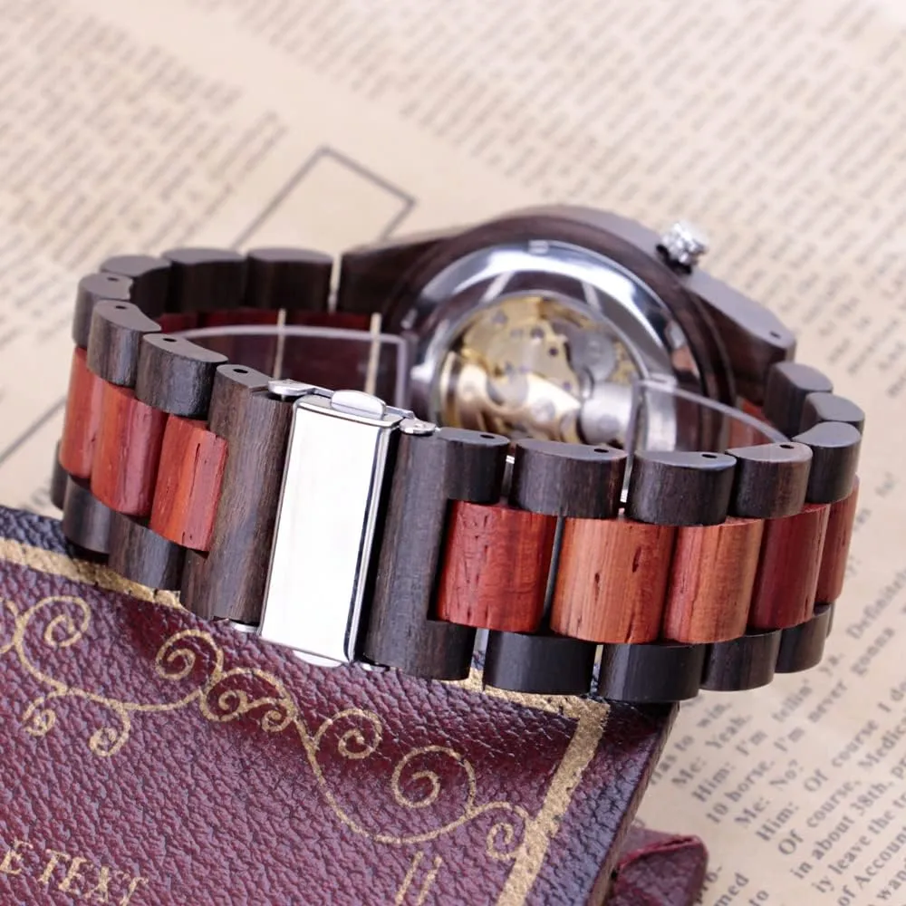 Dentily Men's Wooden Watch Triangle Skeleton Automatic Watch Mechanical Wood Watches for Men