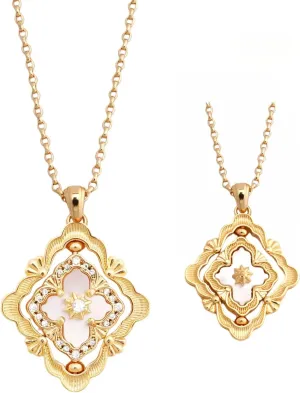 DISTANT DRUMS Gold Clover Jewelry for Women, Double-Sided Pendant by 18K Gold-plated with Gemstone inlaid Shell Pearl Pendant Necklace,Bracelet,Earrings,Gold Jewelry Set for Women