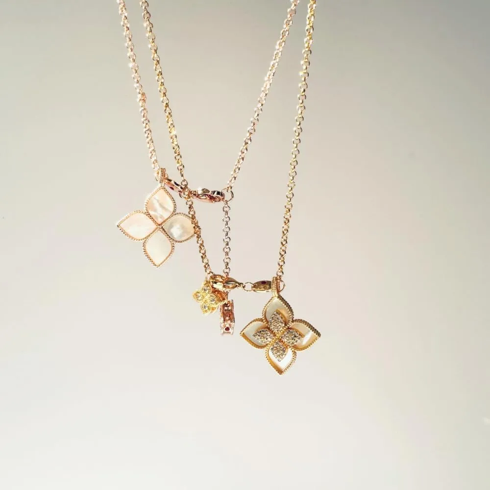 DISTANT DRUMS Gold Clover Jewelry for Women, Double-Sided Pendant by 18K Gold-plated with Gemstone inlaid Shell Pearl Pendant Necklace,Bracelet,Earrings,Gold Jewelry Set for Women