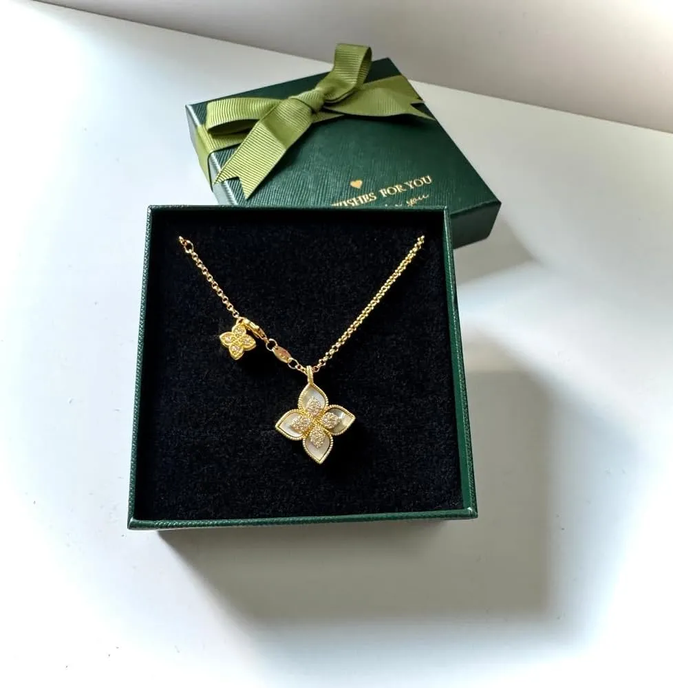 DISTANT DRUMS Gold Clover Jewelry for Women, Double-Sided Pendant by 18K Gold-plated with Gemstone inlaid Shell Pearl Pendant Necklace,Bracelet,Earrings,Gold Jewelry Set for Women