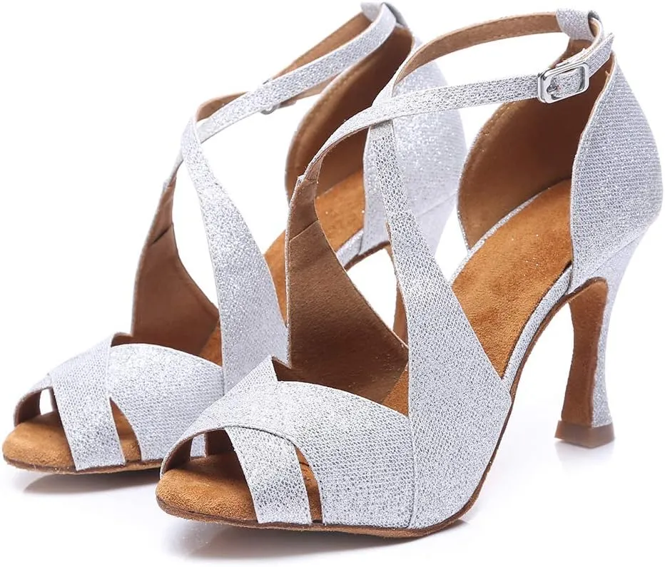 DKZSYIM Women's Satin Latin Practice Dance Shoes Ballroom Suede Sole Wedding Performance Dance Shoe,Model NU230