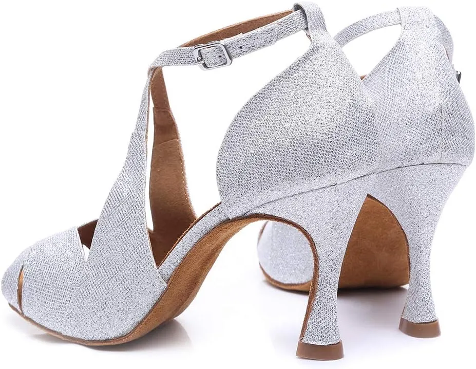 DKZSYIM Women's Satin Latin Practice Dance Shoes Ballroom Suede Sole Wedding Performance Dance Shoe,Model NU230