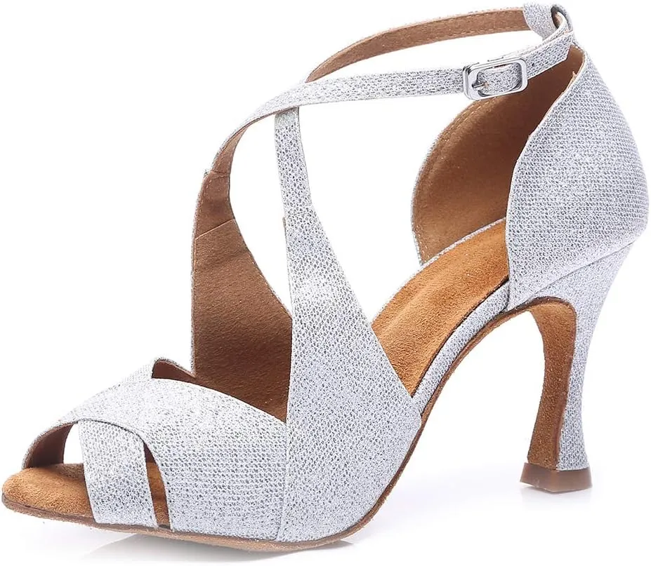 DKZSYIM Women's Satin Latin Practice Dance Shoes Ballroom Suede Sole Wedding Performance Dance Shoe,Model NU230