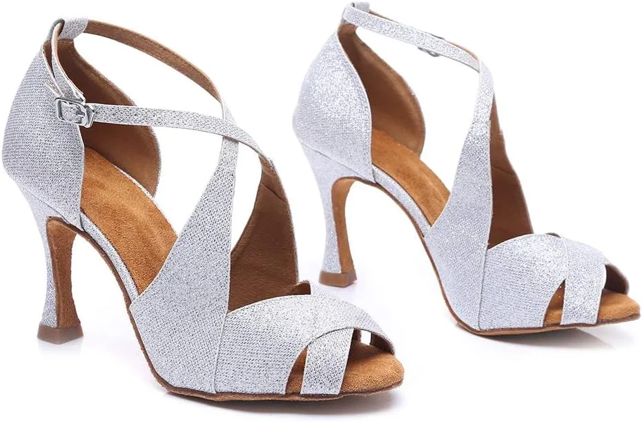 DKZSYIM Women's Satin Latin Practice Dance Shoes Ballroom Suede Sole Wedding Performance Dance Shoe,Model NU230