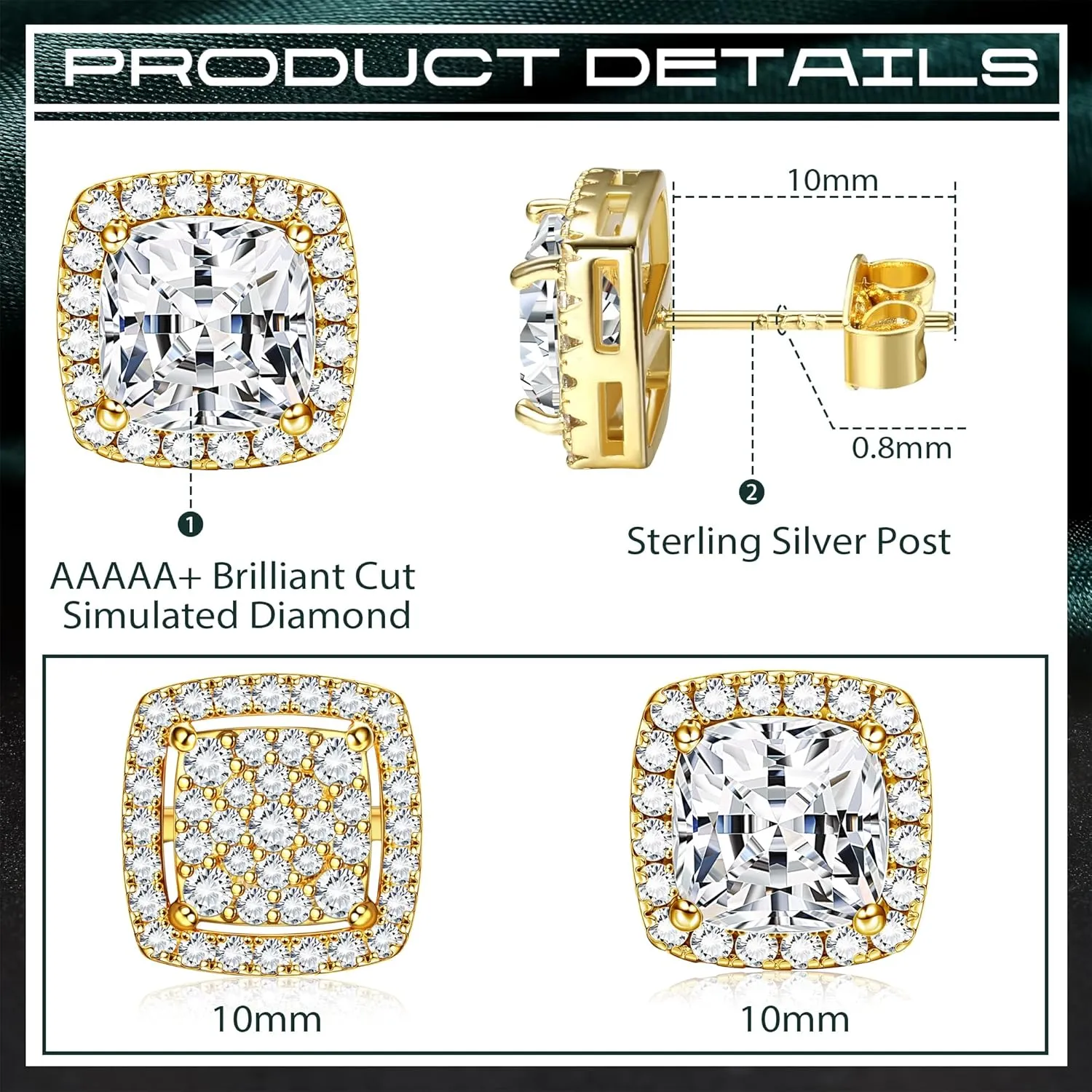 Dochais Cubic Zirconia Stud Earrings for Men Women, 14K Gold Plated Hypoallergenic 925 Sterling Silver Post Earrings Set, Iced Out Round & Square CZ Studs, Simulated Diamond Halo Earrings