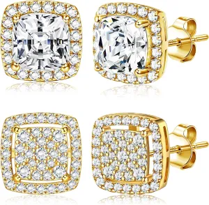 Dochais Cubic Zirconia Stud Earrings for Men Women, 14K Gold Plated Hypoallergenic 925 Sterling Silver Post Earrings Set, Iced Out Round & Square CZ Studs, Simulated Diamond Halo Earrings