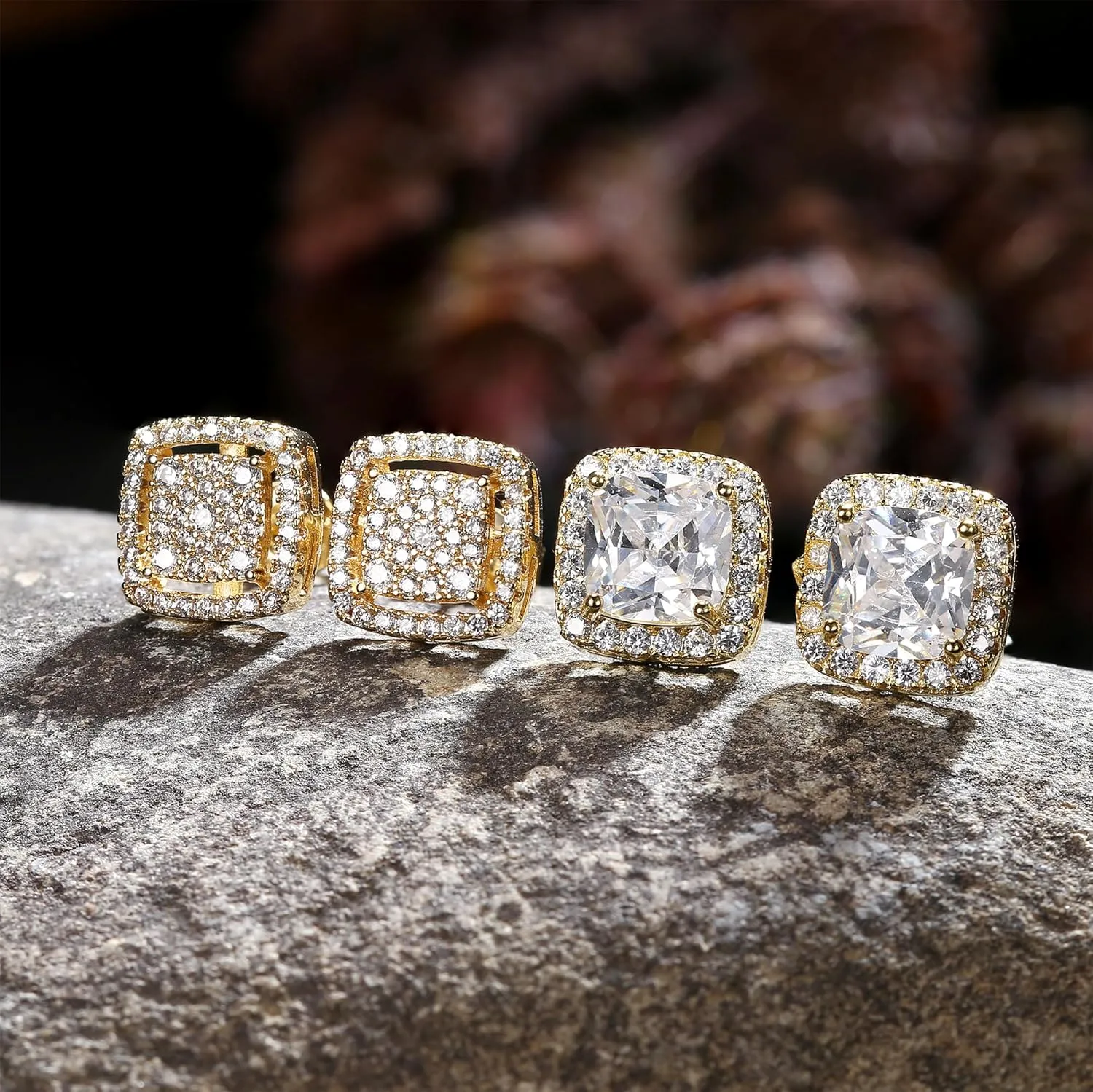 Dochais Cubic Zirconia Stud Earrings for Men Women, 14K Gold Plated Hypoallergenic 925 Sterling Silver Post Earrings Set, Iced Out Round & Square CZ Studs, Simulated Diamond Halo Earrings