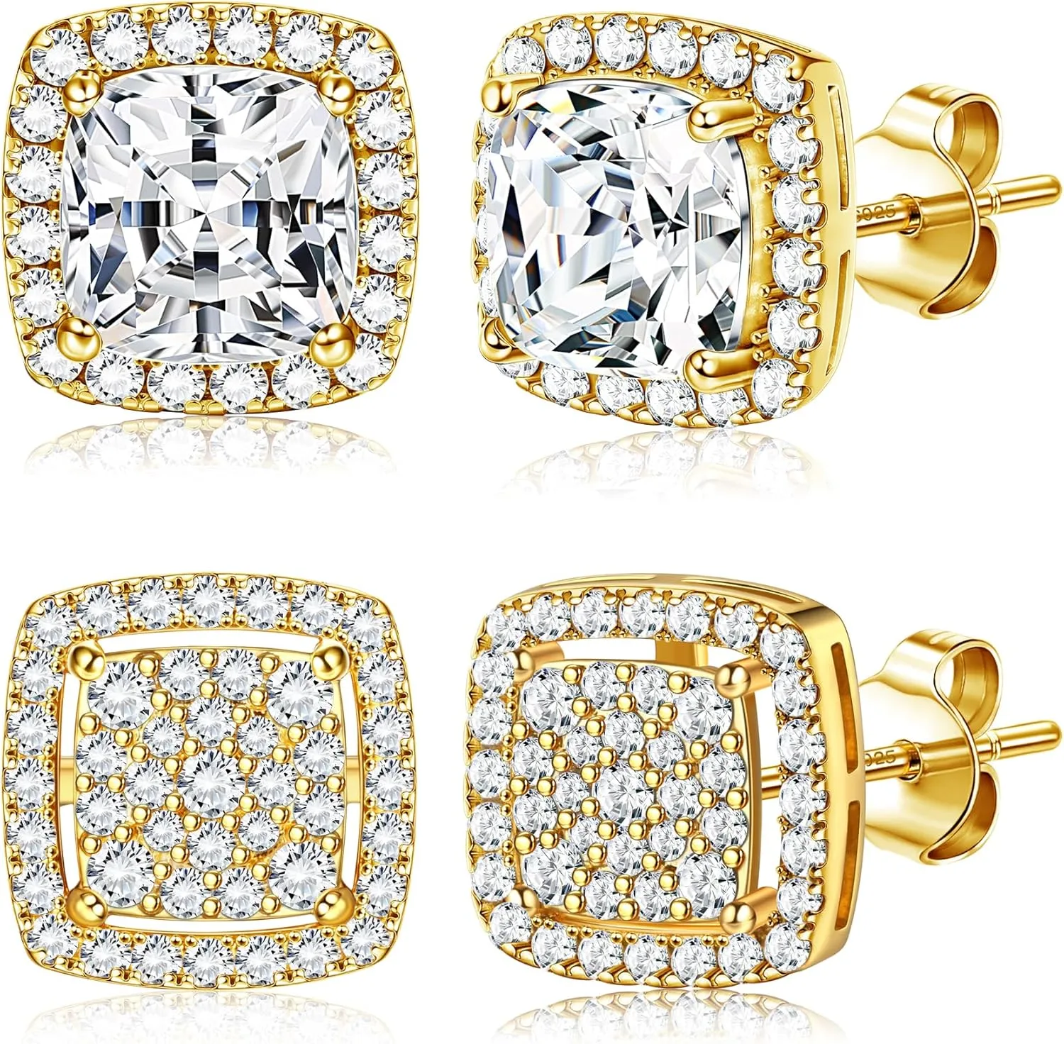 Dochais Cubic Zirconia Stud Earrings for Men Women, 14K Gold Plated Hypoallergenic 925 Sterling Silver Post Earrings Set, Iced Out Round & Square CZ Studs, Simulated Diamond Halo Earrings