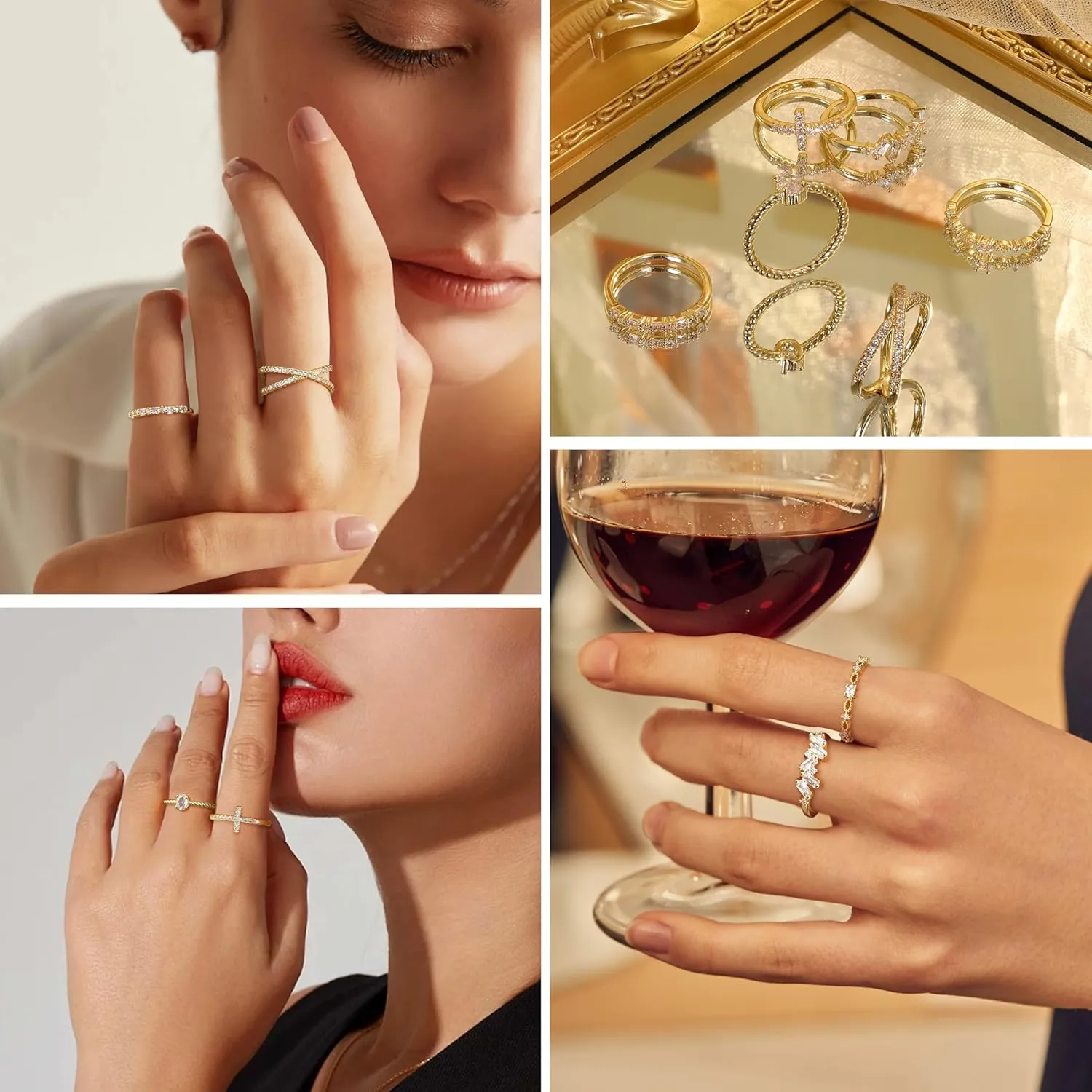 Dochais Stackable Cubic Zirconia Gold Rings for Women Non Tarnish Finger Ring Set 14k Gold Plated Dainty CZ Wedding Engagement Rings, Size 5-9
