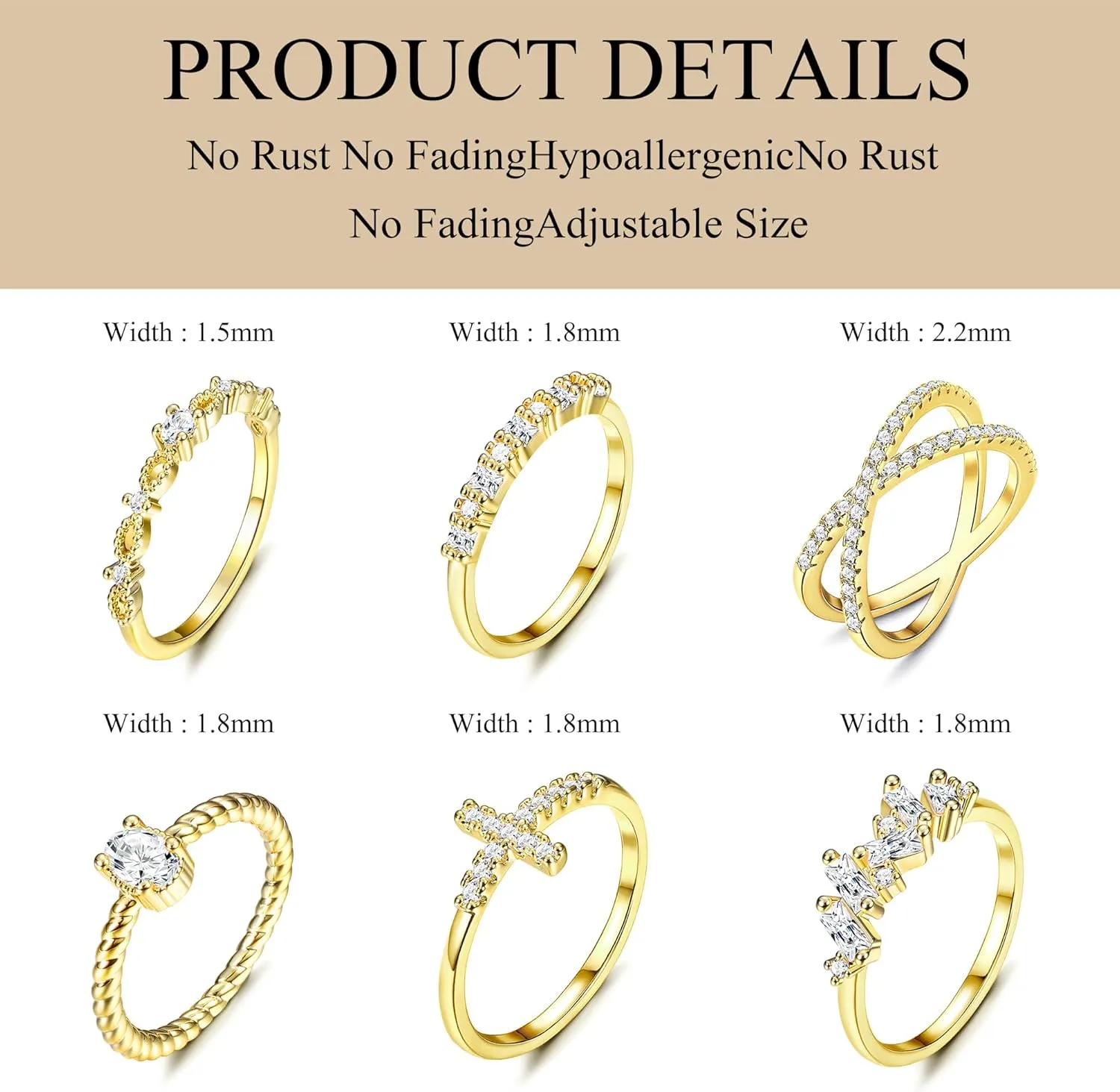 Dochais Stackable Cubic Zirconia Gold Rings for Women Non Tarnish Finger Ring Set 14k Gold Plated Dainty CZ Wedding Engagement Rings, Size 5-9