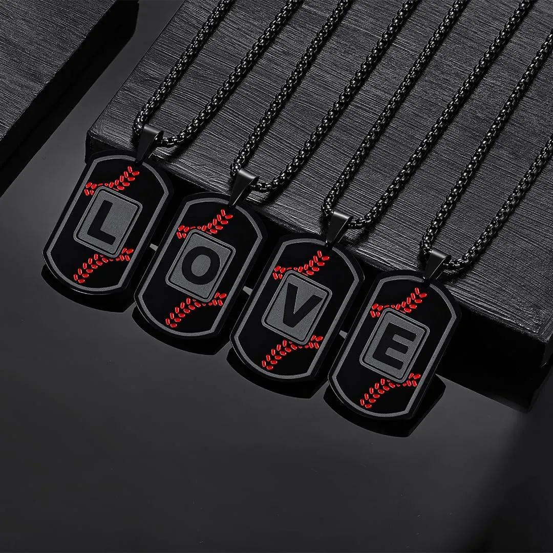 Dog Tag Necklaces for Men Titanium Steel Mens A-Z Letter Tag Necklace Black Pendant Religious Gifts for Him