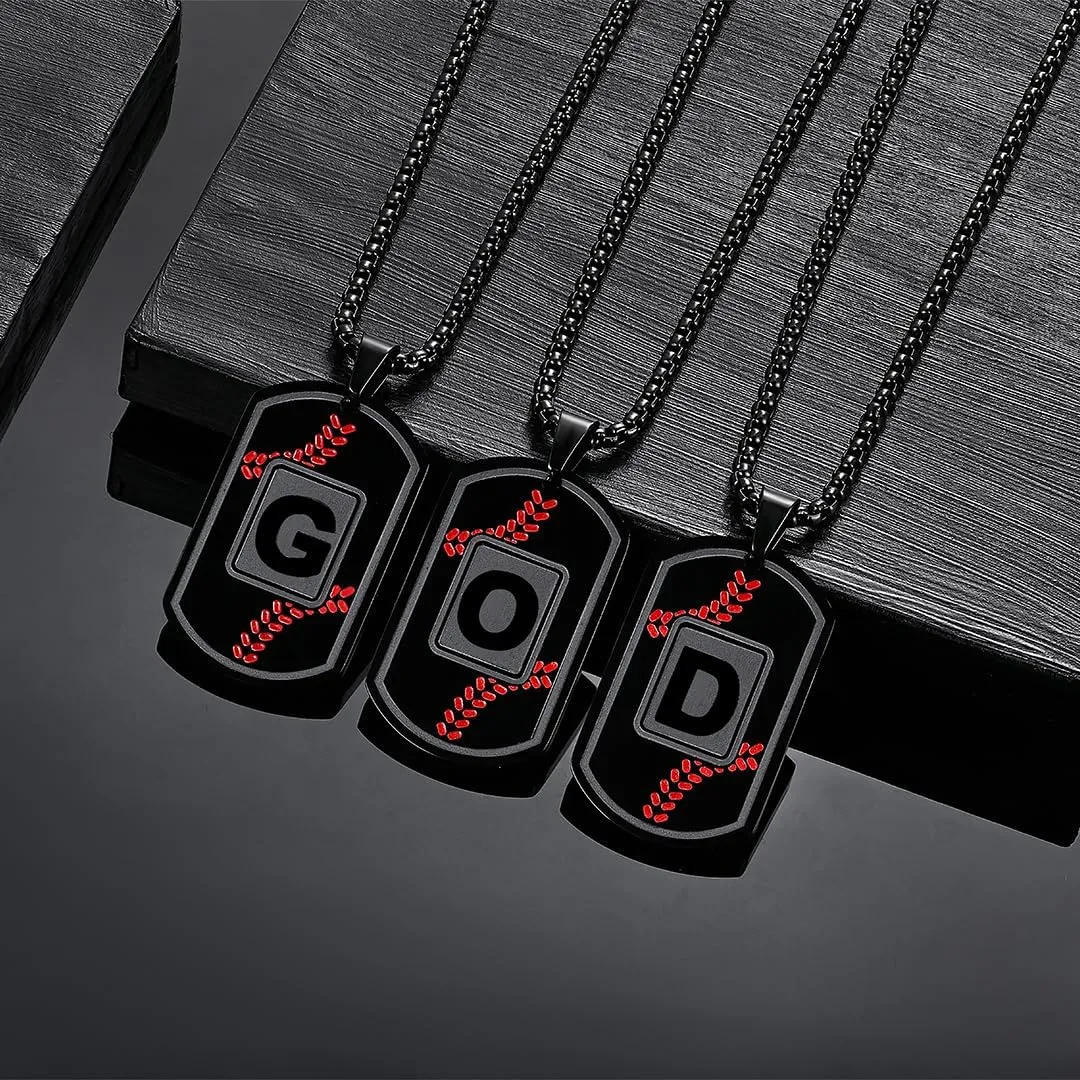 Dog Tag Necklaces for Men Titanium Steel Mens A-Z Letter Tag Necklace Black Pendant Religious Gifts for Him