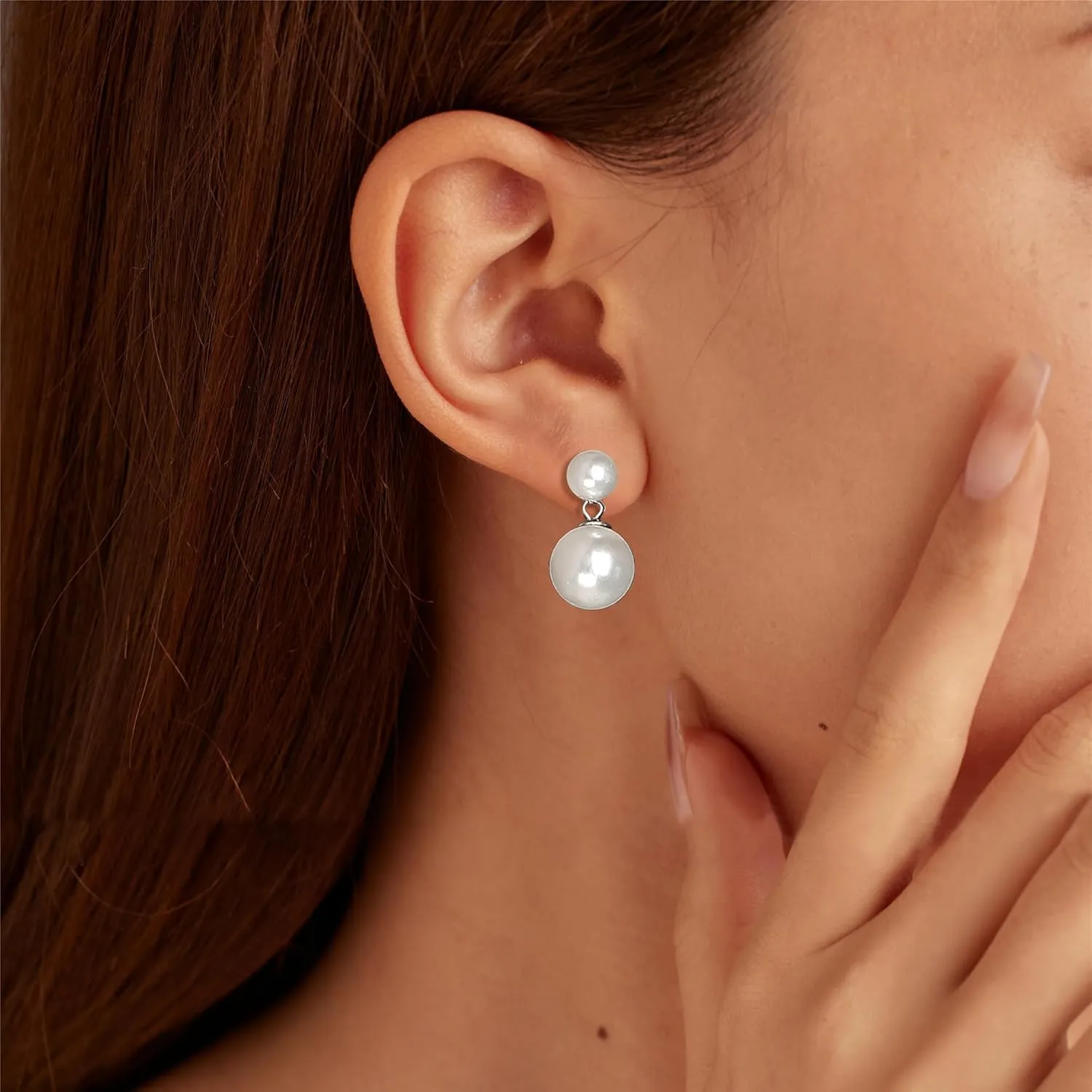 Double Bead Pearl Earrings for Women 925 Sterling Silver Gold Big Pearl Lightweight Ball Stud Earrings Trendy Dangle Drop Earring Bridal Wedding Jewelry Birthday Christmas Gift for Her