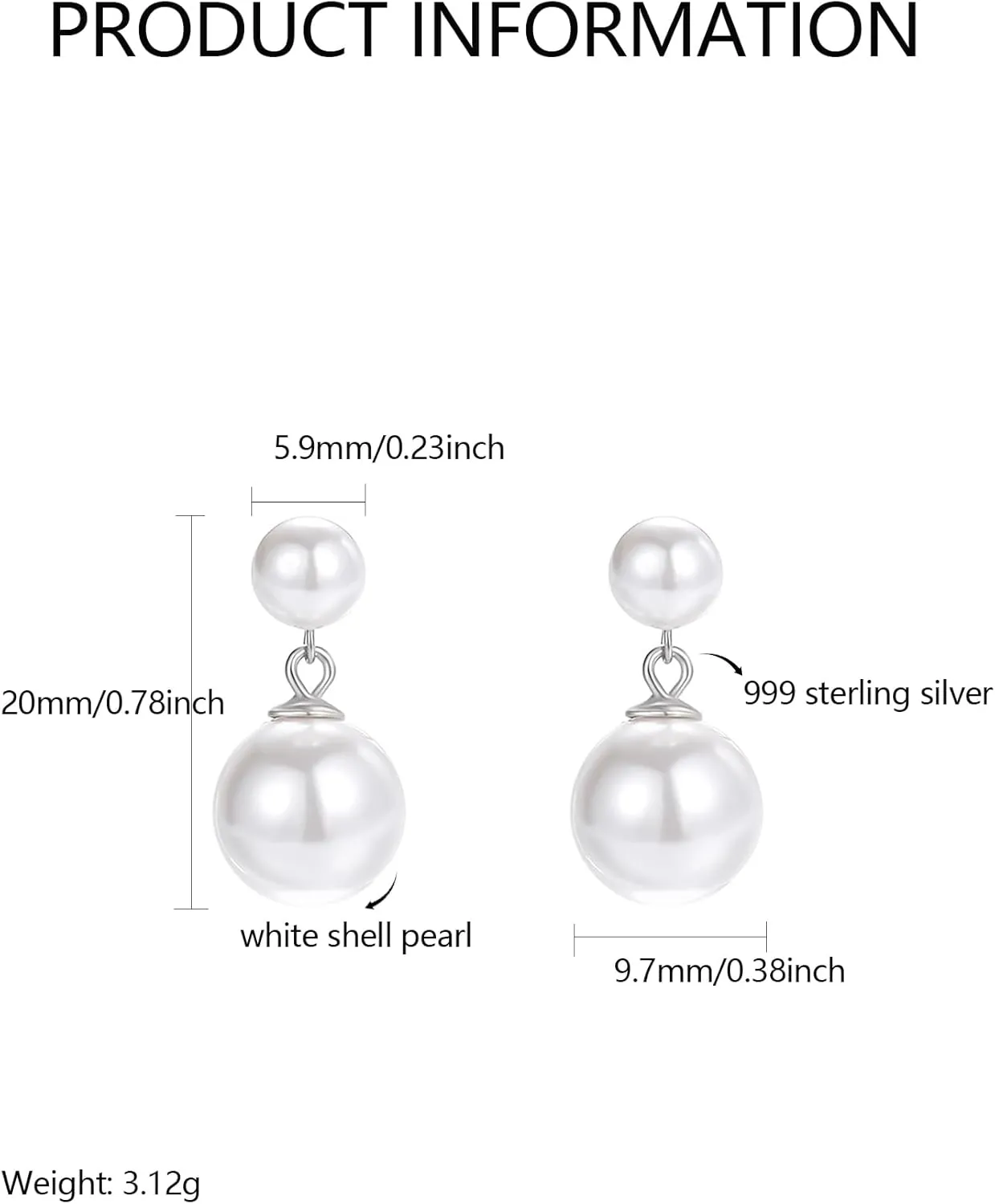 Double Bead Pearl Earrings for Women 925 Sterling Silver Gold Big Pearl Lightweight Ball Stud Earrings Trendy Dangle Drop Earring Bridal Wedding Jewelry Birthday Christmas Gift for Her