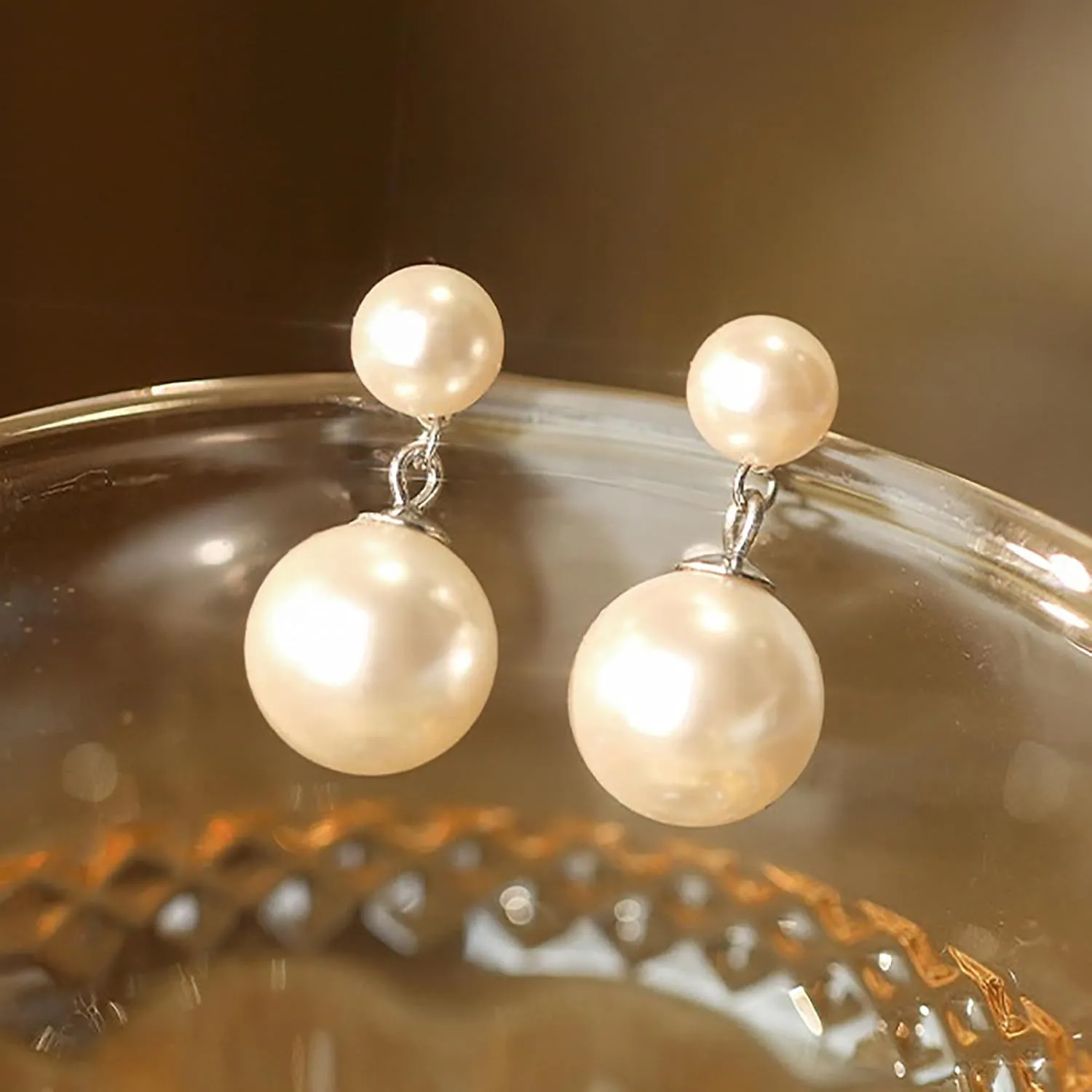 Double Bead Pearl Earrings for Women 925 Sterling Silver Gold Big Pearl Lightweight Ball Stud Earrings Trendy Dangle Drop Earring Bridal Wedding Jewelry Birthday Christmas Gift for Her