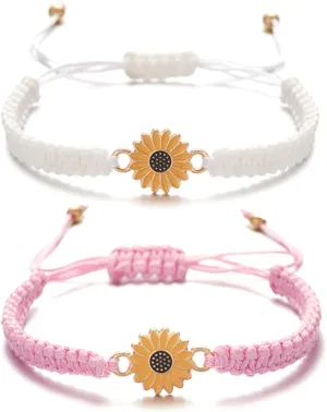 Dreuyet Boho Sunflower Bracelets for Women Fashion Daisy Friendship Bracelets Charm Handmade Adjustable Braided Rope Flower Bracelets Summer Beach Jewelry