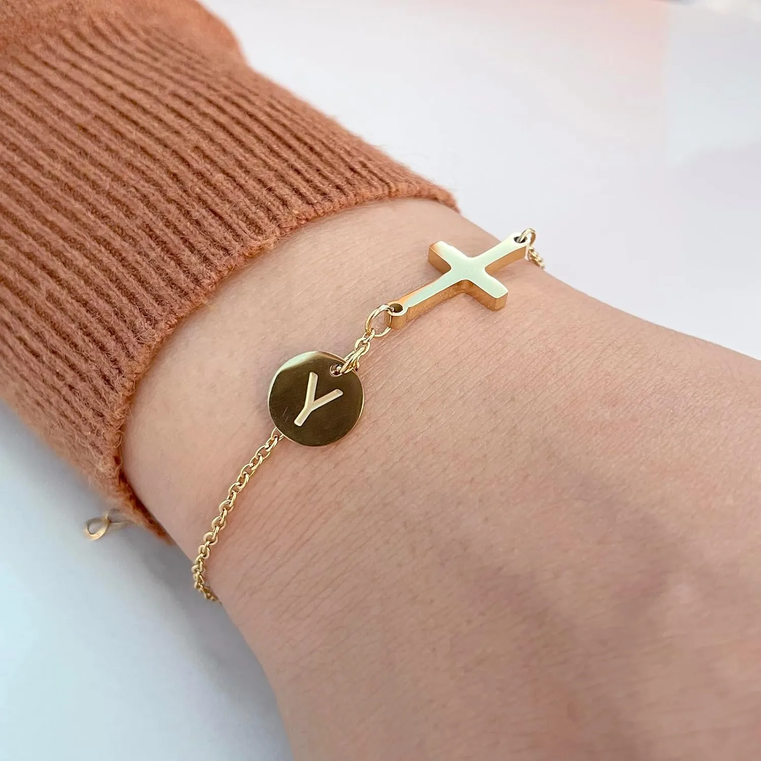 Easter Basket Stuffers 18K Gold Plated Cross Bracelet Initial Christian Bracelets for Womem Adjustable