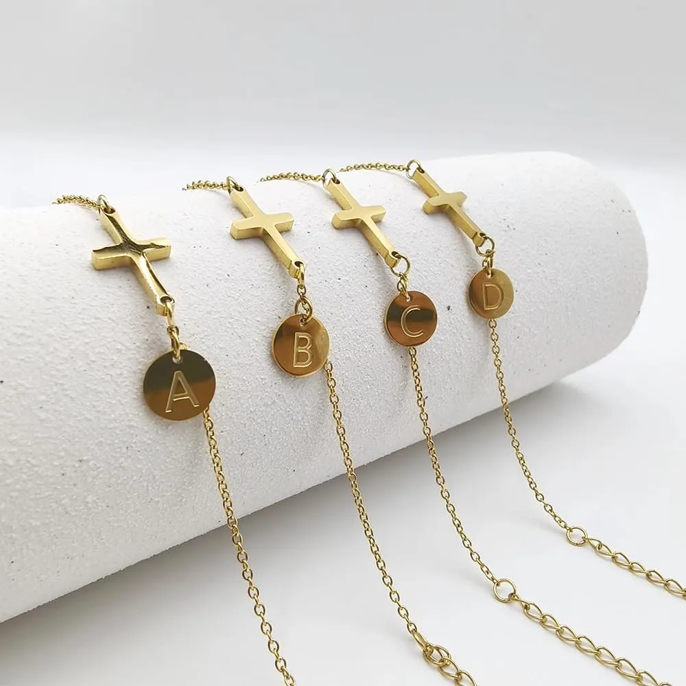 Easter Basket Stuffers 18K Gold Plated Cross Bracelet Initial Christian Bracelets for Womem Adjustable