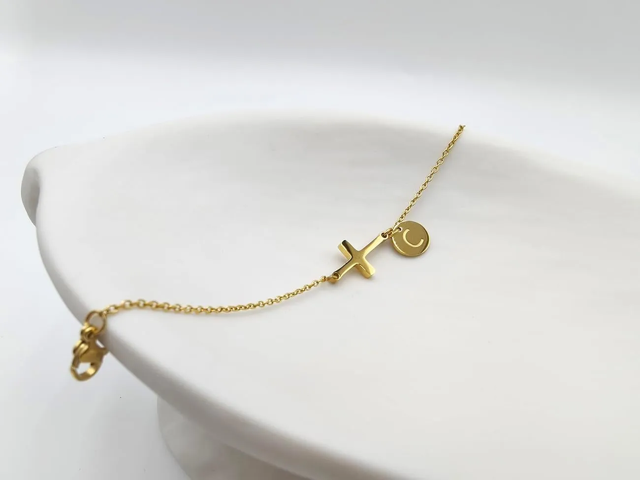 Easter Basket Stuffers 18K Gold Plated Cross Bracelet Initial Christian Bracelets for Womem Adjustable