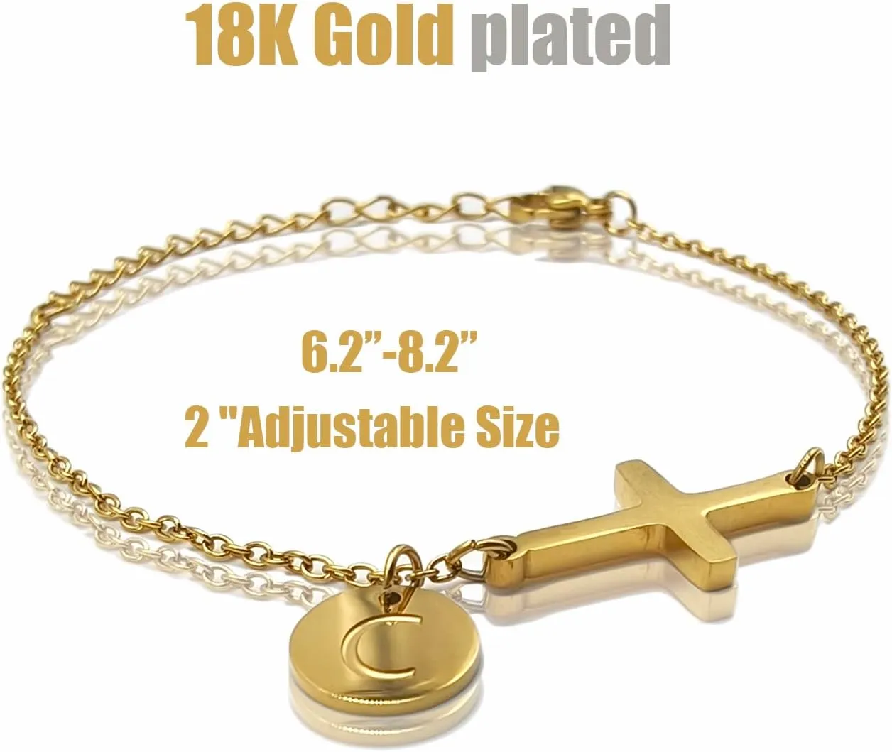 Easter Basket Stuffers 18K Gold Plated Cross Bracelet Initial Christian Bracelets for Womem Adjustable