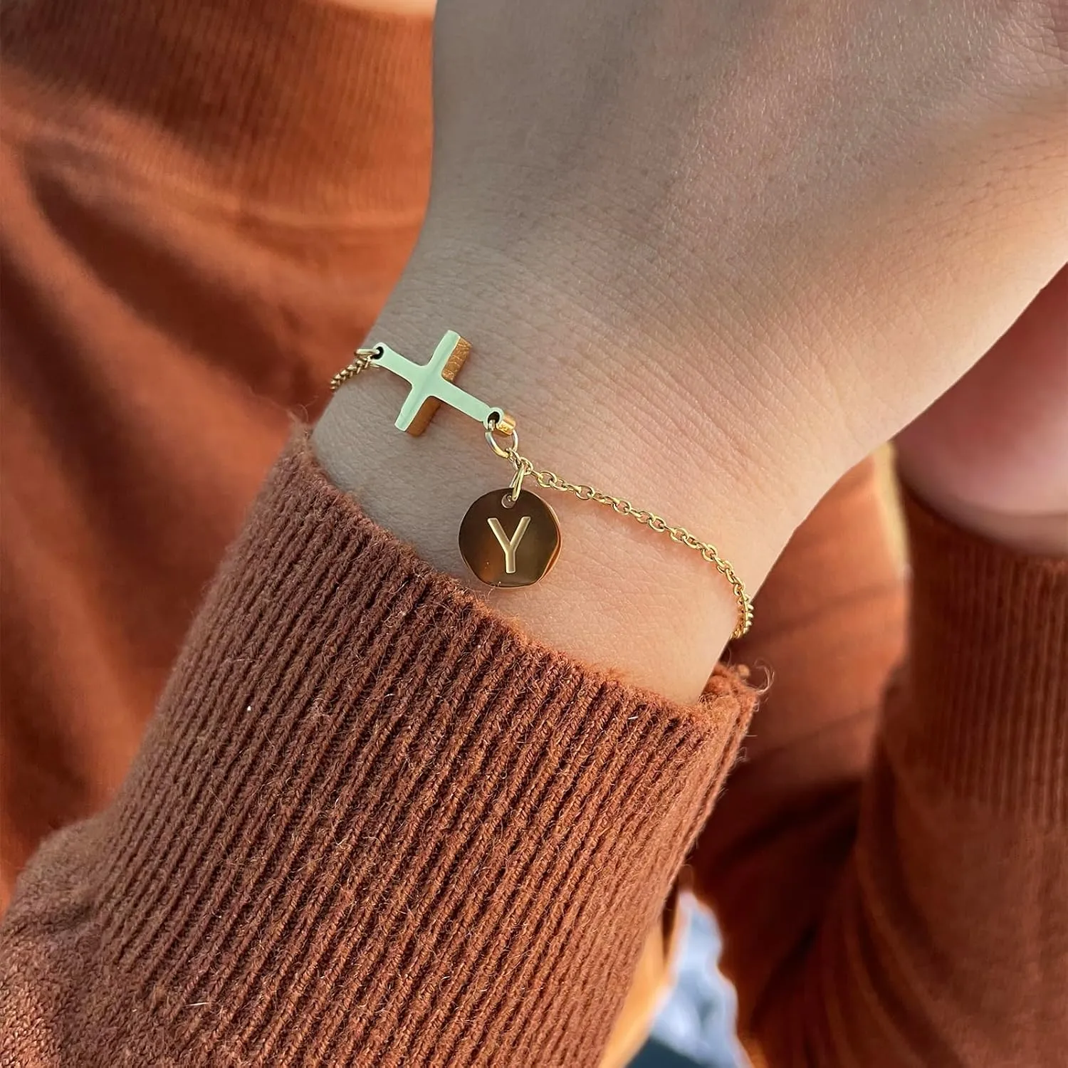 Easter Basket Stuffers 18K Gold Plated Cross Bracelet Initial Christian Bracelets for Womem Adjustable