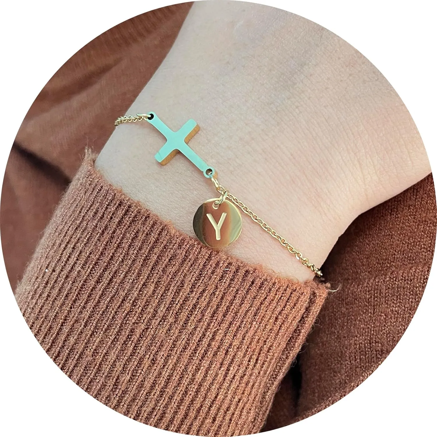 Easter Basket Stuffers 18K Gold Plated Cross Bracelet Initial Christian Bracelets for Womem Adjustable