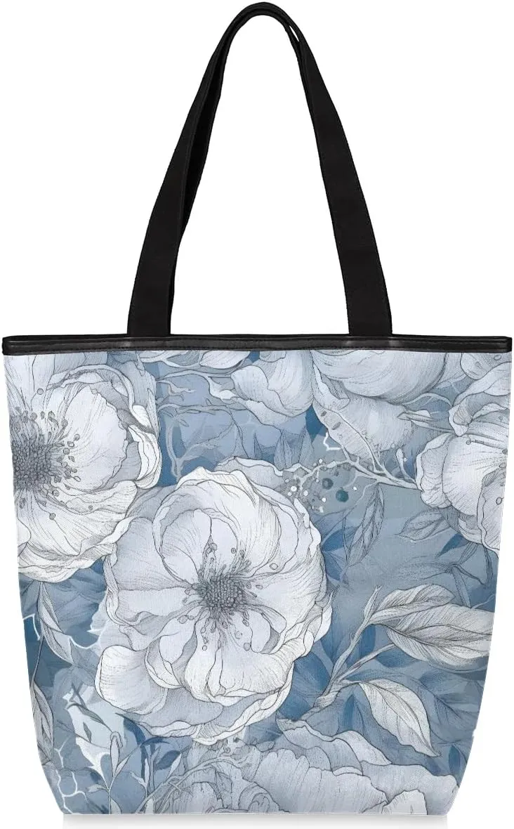 Elegant Flower White Canvas Tote Bag with Zipper and Pockets Canvas Tote Shopping Bag Women Reusable Grocery Bag for Beach Travel Gym Shopping