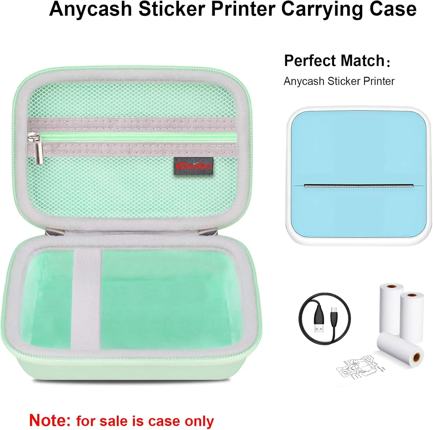 Elonbo Carrying Case for cudinham Thermal Mini Printer, Portable Inkless Sticker Maker Travel Bag, Wireless Bluetooth Label Printer Storage Holder,Mesh Pocket Fits printer paper Cable,Green Green