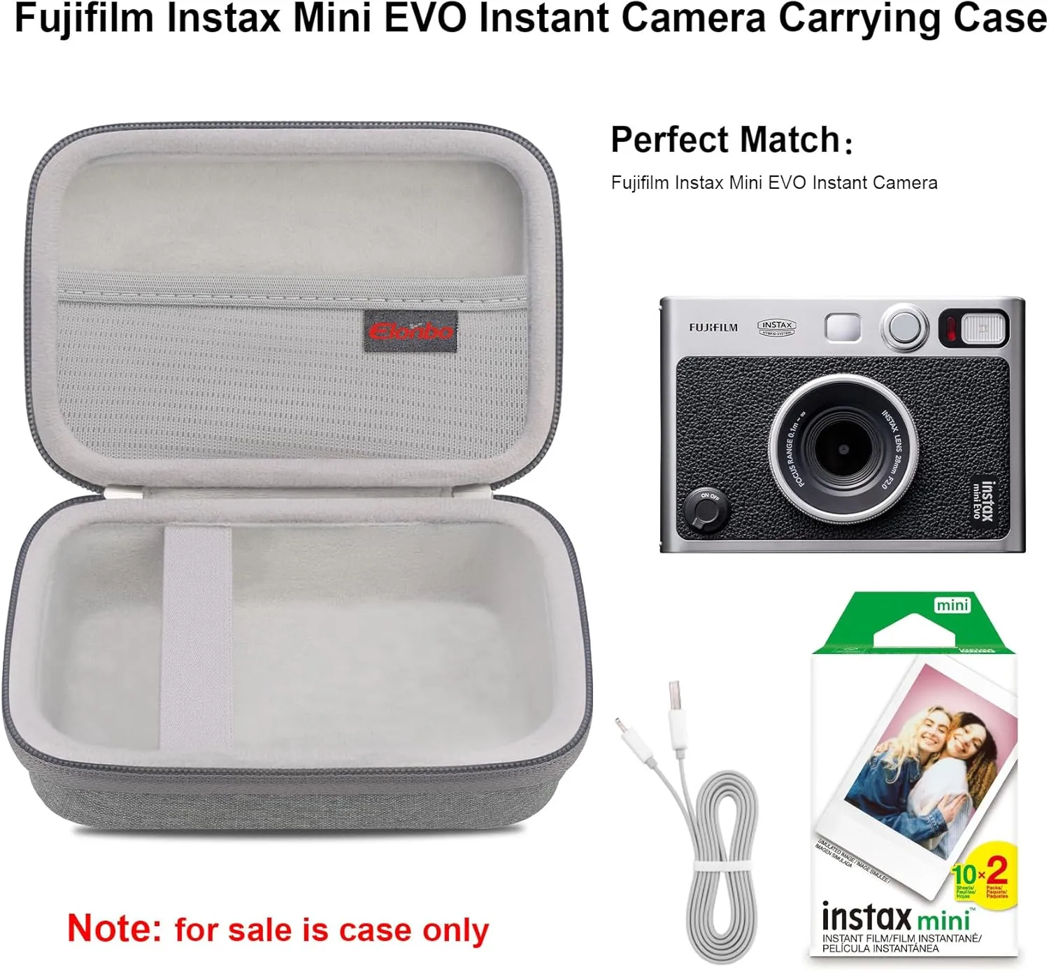 Elonbo Carrying Case for Fujifilm Instax Mini EVO Hybrid Instant Camera, Fujifilm Instax Mini EVO Camera Travel Protective Storage Holder, Portable Photo Printer Instant Print Camera Bag, Grey