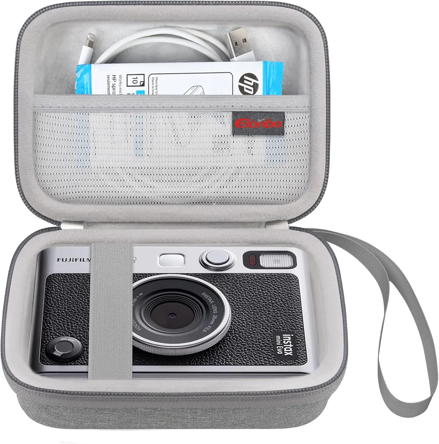 Elonbo Carrying Case for Fujifilm Instax Mini EVO Hybrid Instant Camera, Fujifilm Instax Mini EVO Camera Travel Protective Storage Holder, Portable Photo Printer Instant Print Camera Bag, Grey