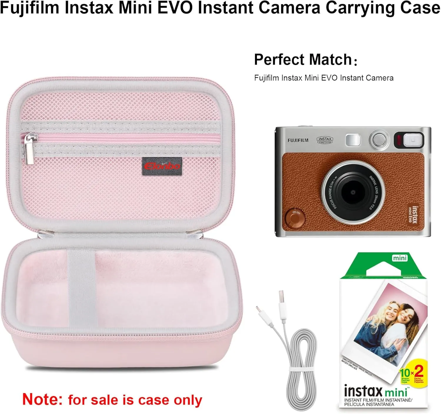 Elonbo Carrying Case for Fujifilm Instax Mini EVO Hybrid Instant Camera, Fujifilm Instax Mini EVO Camera Travel Protective Storage Holder, Portable Photo Printer Instant Print Camera Bag, Pink Pink