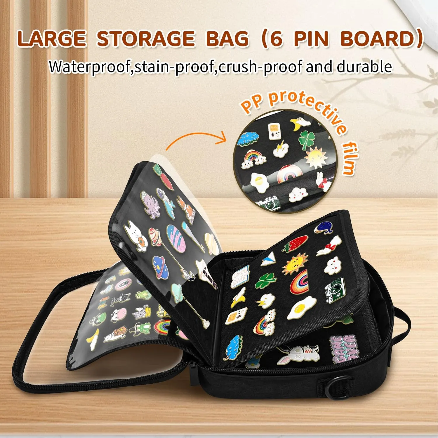 Enamel Pin Display Book, Small Collections Travel Pin Trading Book, Brooch Pin Lover Collector Bag, 6-Page Lapel Pin Display Board with Protective Film, Handles and Shoulder Strap, Black