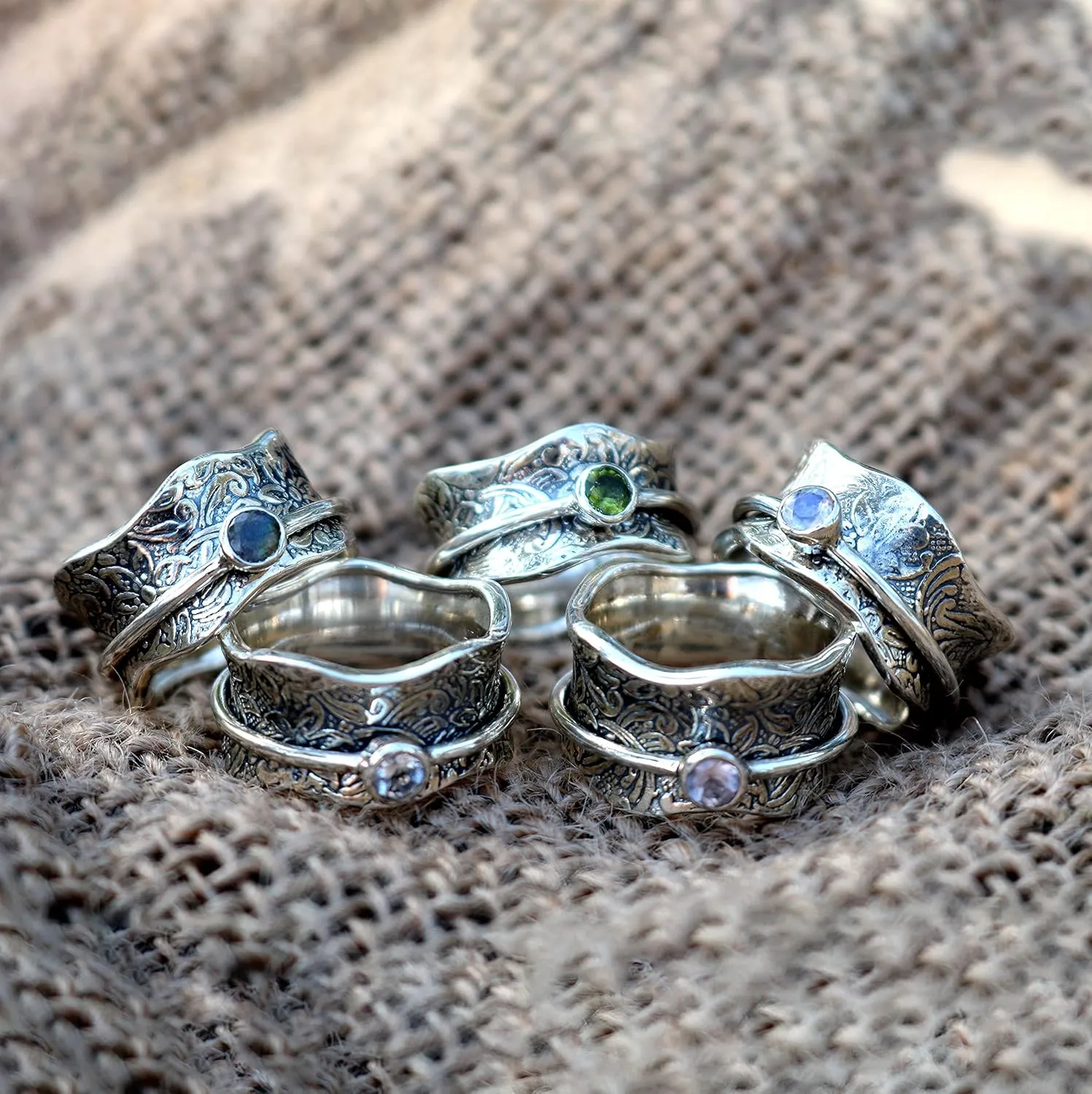 ENERGY STONE 925 Sterling Silver Fidget Ring | Women Spinner Ring | Balance & Beauty with Semi-Precious Stone | Roll Pressed Floral Pattern | Labradorite Moonstone Peridot Quartz Rose Quartz|Size 6-11