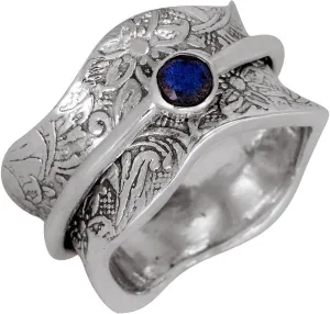 ENERGY STONE 925 Sterling Silver Fidget Ring | Women Spinner Ring | Balance & Beauty with Semi-Precious Stone | Roll Pressed Floral Pattern | Labradorite Moonstone Peridot Quartz Rose Quartz|Size 6-11