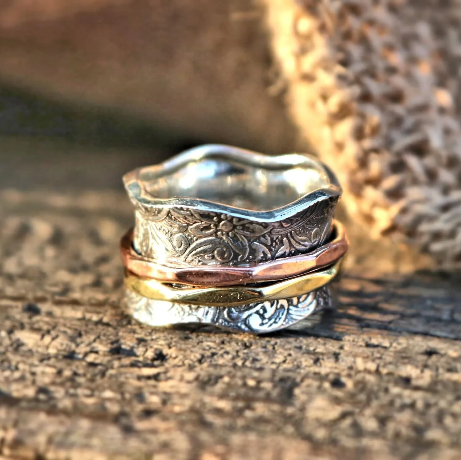 ENERGY STONE 925 Sterling Silver Fidget Ring | Women Spinner Ring | Balance and Beauty | Romantic Exquisite Beauty | Roll Pressed Floral Pattern | Artisan Made | Brass & Copper Spinners | Size 5-12