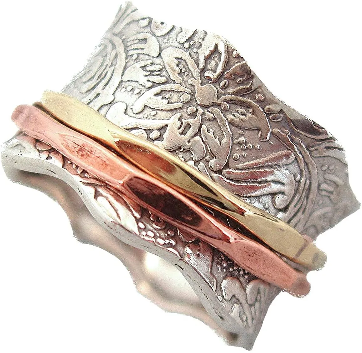 ENERGY STONE 925 Sterling Silver Fidget Ring | Women Spinner Ring | Balance and Beauty | Romantic Exquisite Beauty | Roll Pressed Floral Pattern | Artisan Made | Brass & Copper Spinners | Size 5-12