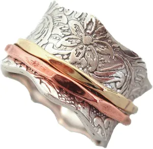 ENERGY STONE 925 Sterling Silver Fidget Ring | Women Spinner Ring | Balance and Beauty | Romantic Exquisite Beauty | Roll Pressed Floral Pattern | Artisan Made | Brass & Copper Spinners | Size 5-12