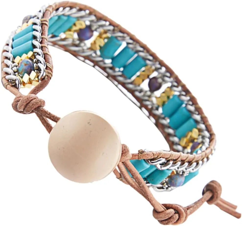Ethnic Woven Bracelet Bangle Green Turquoise Natural Stones Fashion Accessory for Women