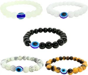 Evil Eye Hand Bracelets Beads Stone Nazar Bracelets Friendship Wrist Band Stretchable Elastic Bracelets For Women And Men Pack of 5
