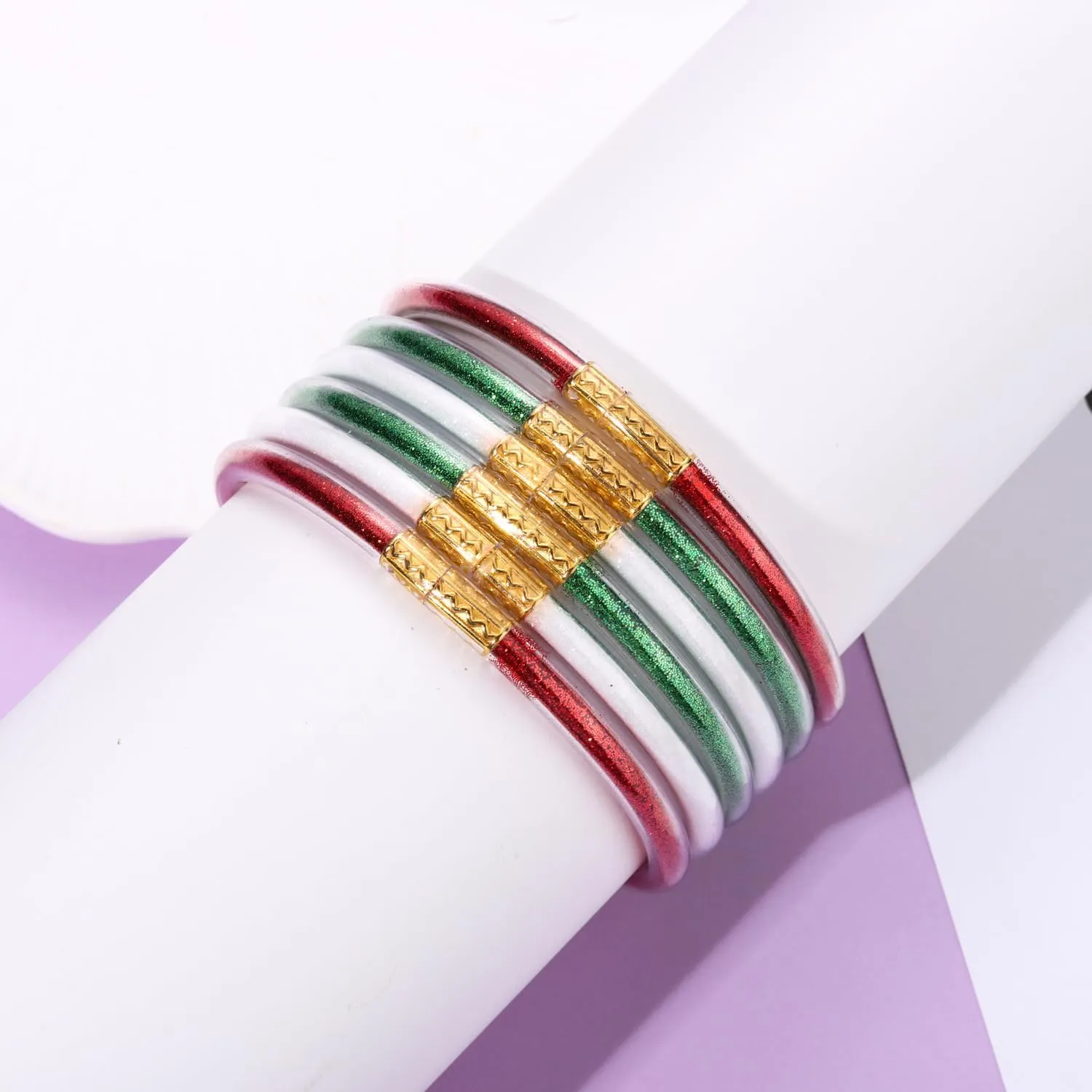 FAERLIIRY Mardi Gras Bracelets Glitter Jelly Bangles Glitter Filled Jelly Silicone Bracelets for Women Girls Bracelets Set for Buddha Girl Waterproof Purple Green Gold Bangles Set