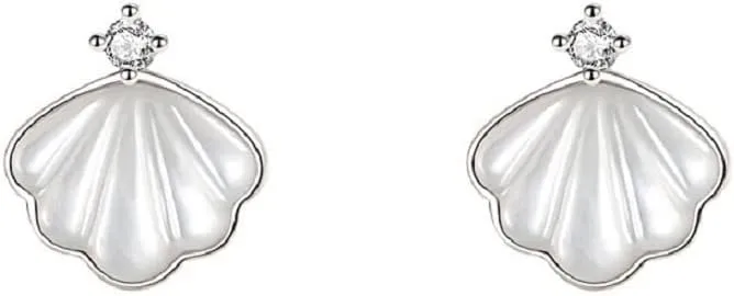 Fan Pendant Seashell Shape with Cubic Zirconia Studs (White Gold)