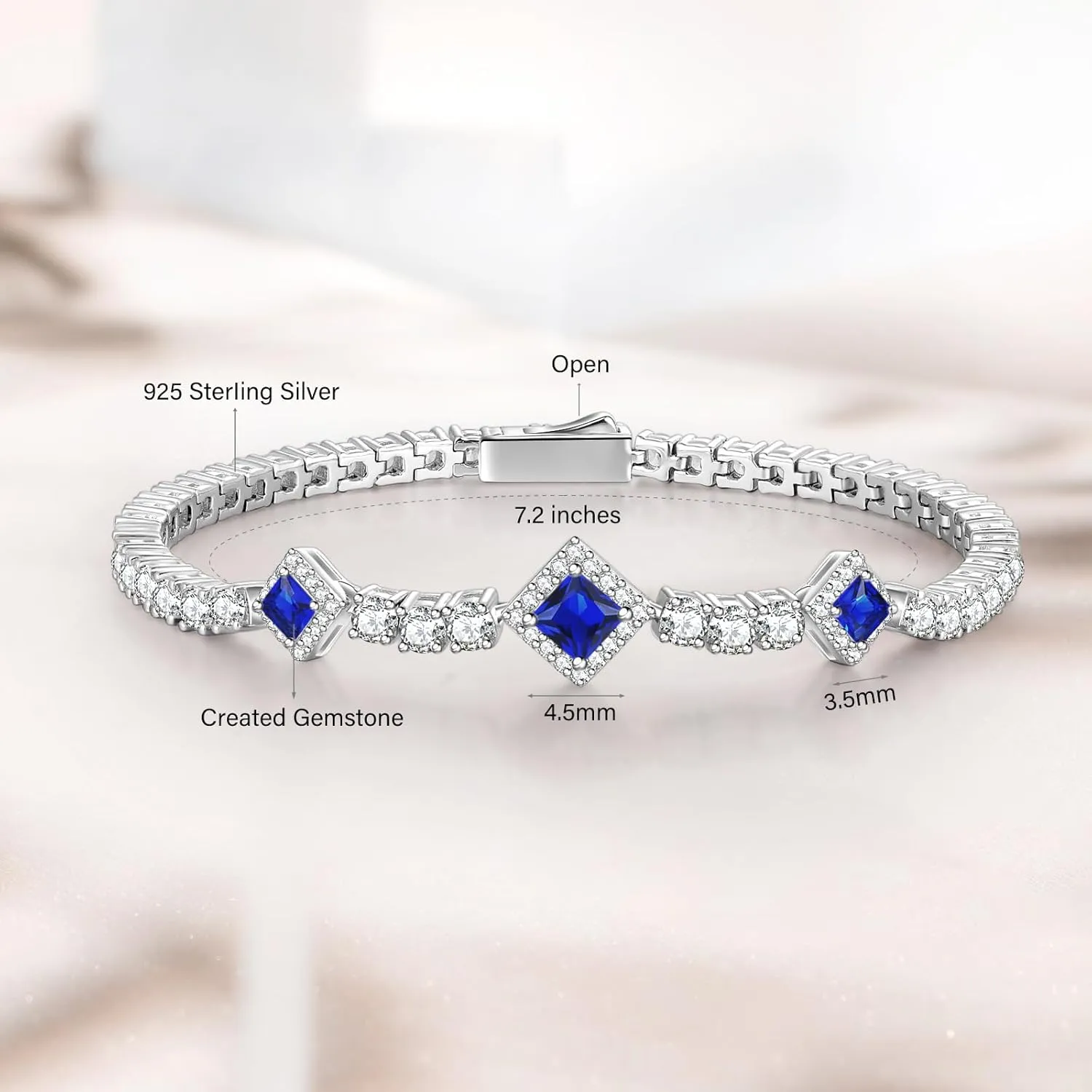 FANCIME Birthstone Bracelets 4mm Sterling Silver Tennis Bracelets Square Gemstone Bracelets Birthday Fine Jewelry Gifts for Women 7.2"
