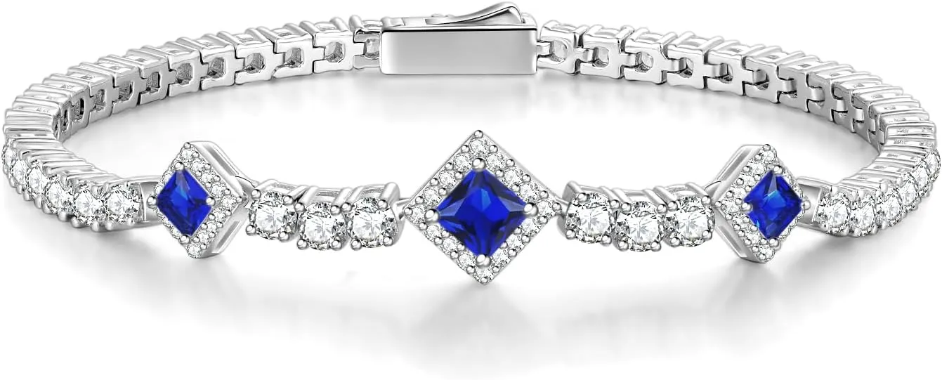 FANCIME Birthstone Bracelets 4mm Sterling Silver Tennis Bracelets Square Gemstone Bracelets Birthday Fine Jewelry Gifts for Women 7.2"