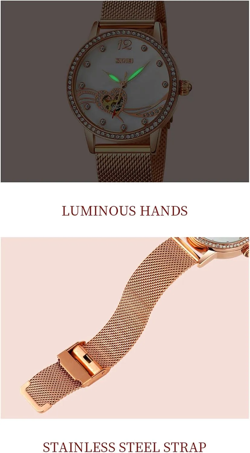 FANMIS Luxury Women Diamond Automatic Watches Luminous Waterproof Rose Gold Steel Mesh Band Mechanical Wtches