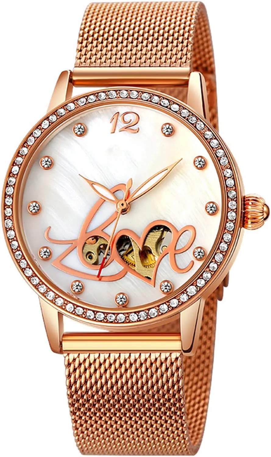 FANMIS Luxury Women Diamond Automatic Watches Luminous Waterproof Rose Gold Steel Mesh Band Mechanical Wtches