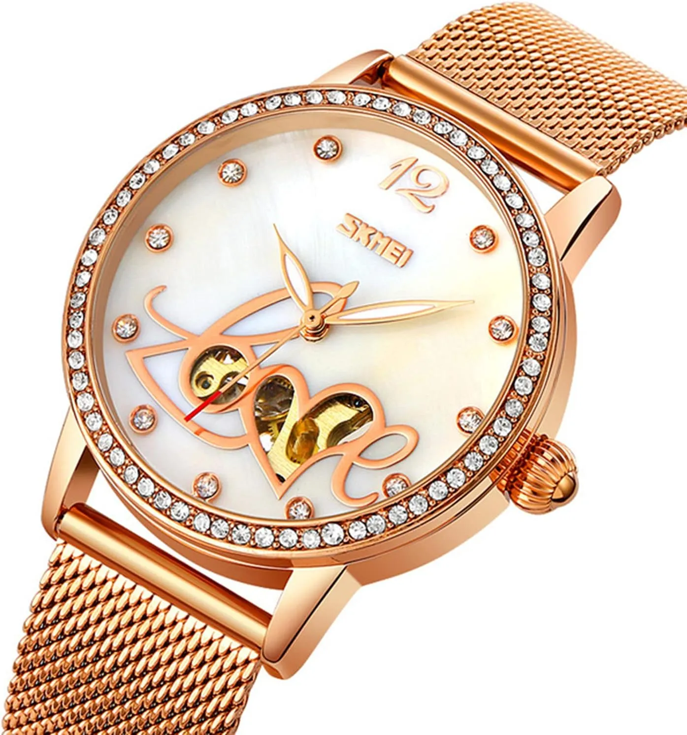 FANMIS Luxury Women Diamond Automatic Watches Luminous Waterproof Rose Gold Steel Mesh Band Mechanical Wtches